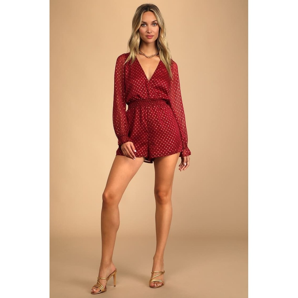 Lulus Called For‎ a Toast Wine Red and Gold Dot Long Sleeve Romper SMALL NWT